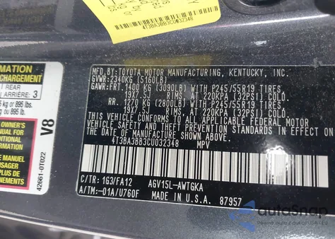 2012 Toyota Venza Le z USA, uszkodzony, nr VIN 4T3BA3BB3CU032348